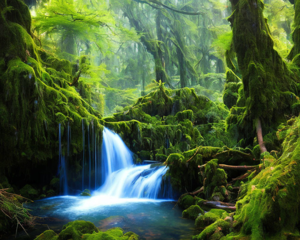 Serene forest scene: mossy waterfall under sunlight