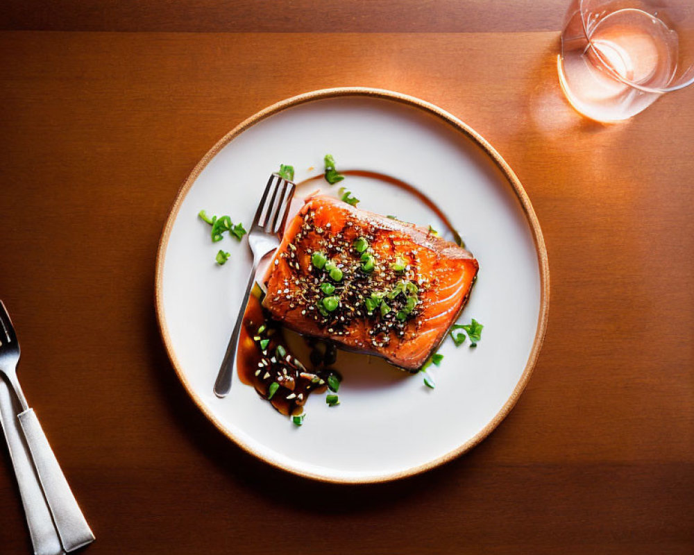 Glazed Salmon Fillet with Sesame Seeds and Herbs on White Plate