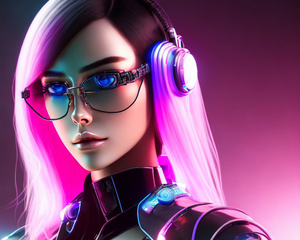 Futuristic 3D illustration of female figure with purple hair and glowing accessories