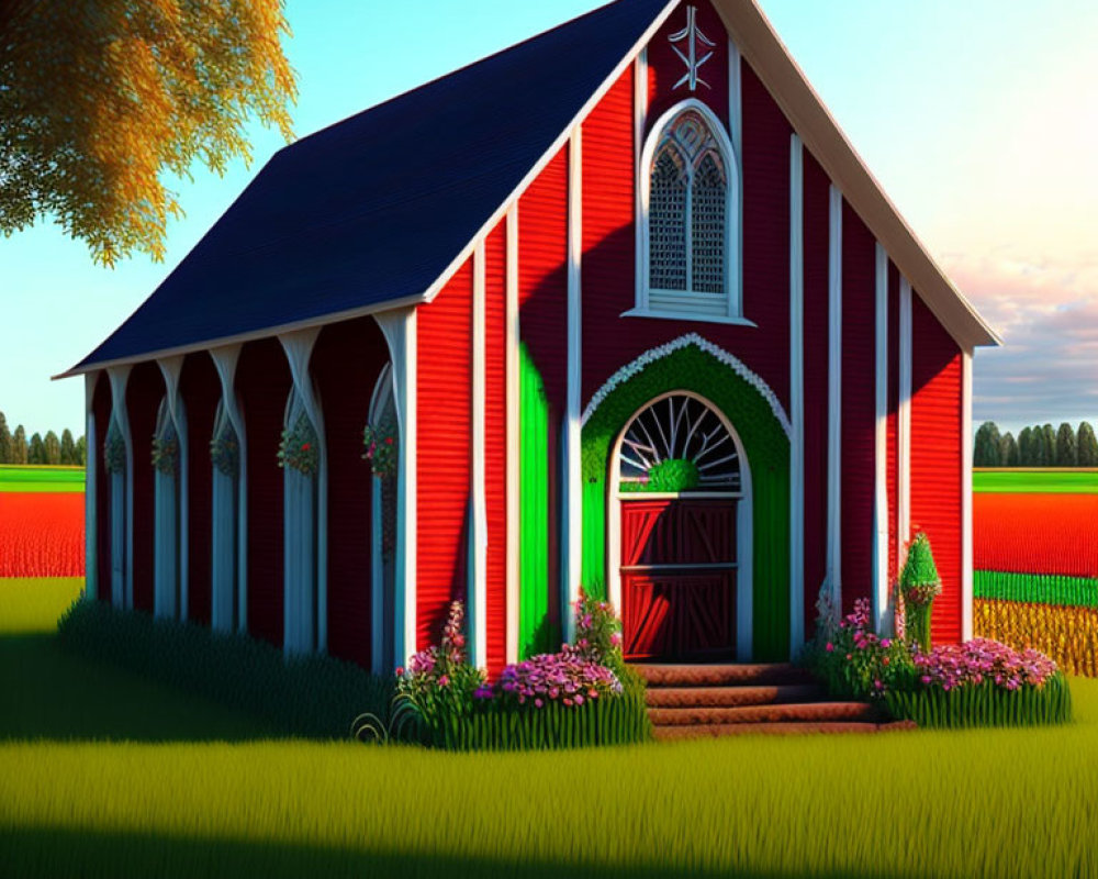 Gothic-style red church with arched doorways, surrounded by greenery and red flowers