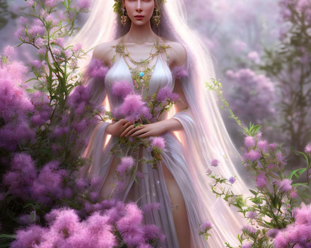 Ethereal woman with diadem in enchanted forest among purple flowers