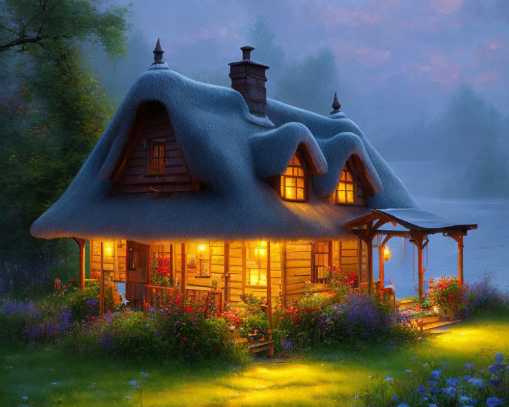 Quaint Thatched-Roof Cottage at Dusk in Lush Greenery