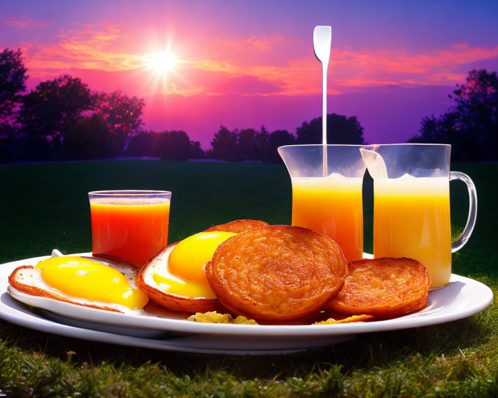 Scenic breakfast plate with eggs and hash browns on a golf course at sunrise