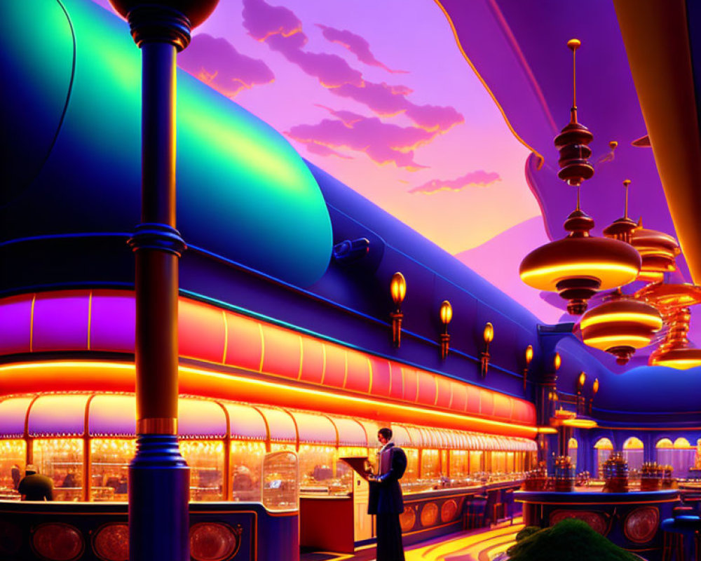 Futuristic diner illustration with purple and orange sky and lone person by entrance