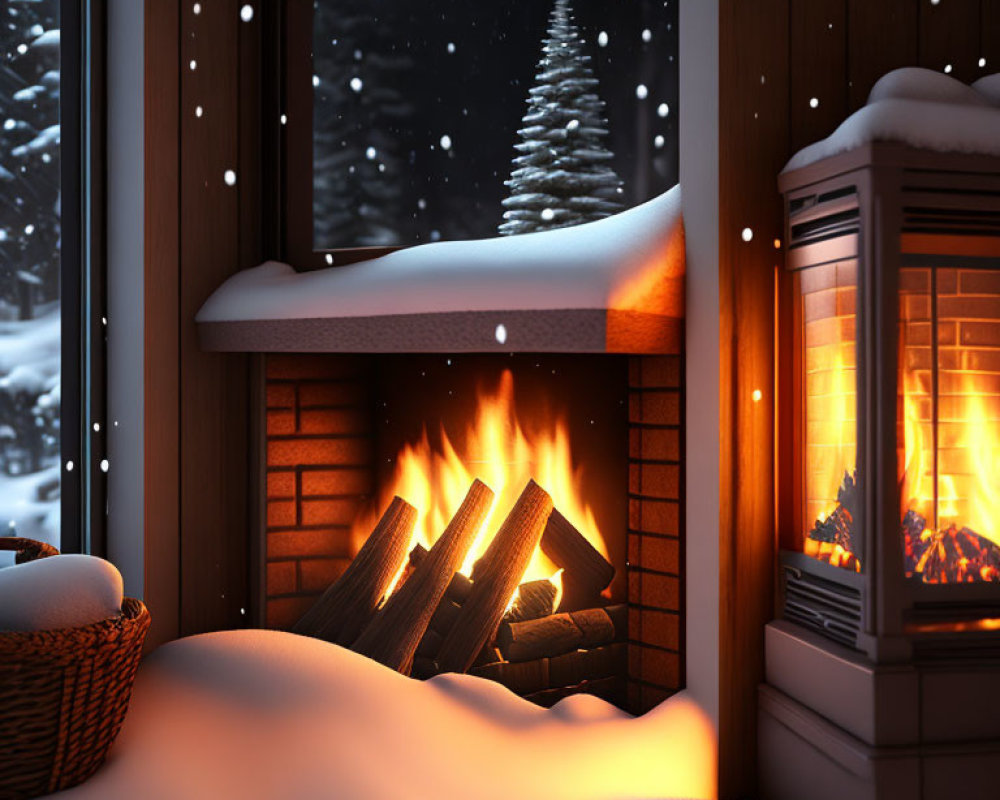 Winter night with fireplace, snowy landscape, and pine trees through window