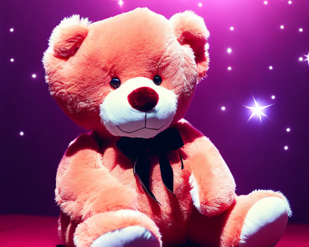 Red Teddy Bear with Black Bow Tie on Starry Purple Background