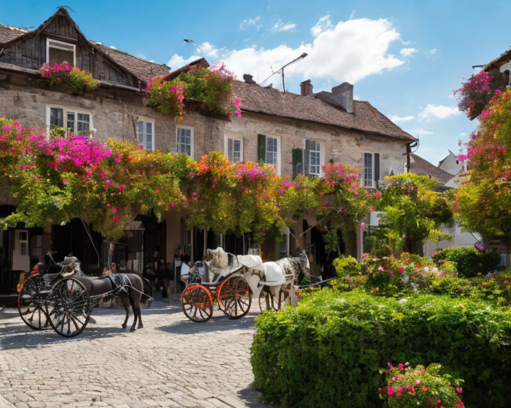 Charming cobblestone square with horse-drawn carriages and stone buildings