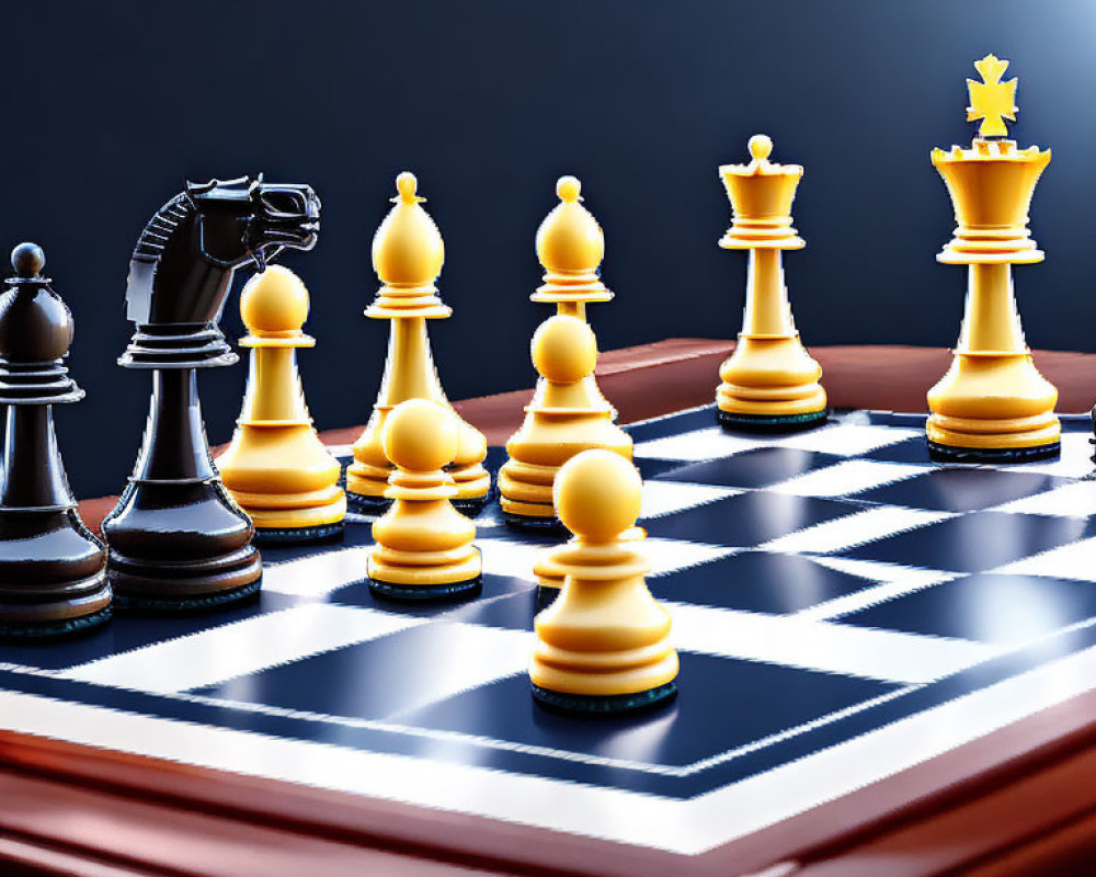 3D illustration of black and white chessboard with gold pieces