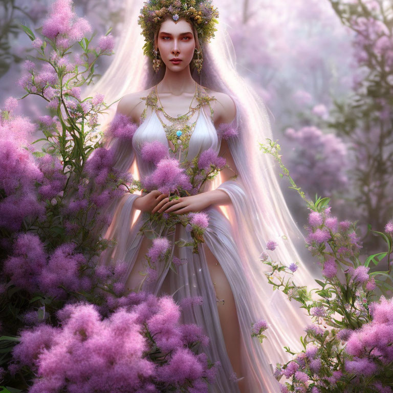 Ethereal woman with diadem in enchanted forest among purple flowers