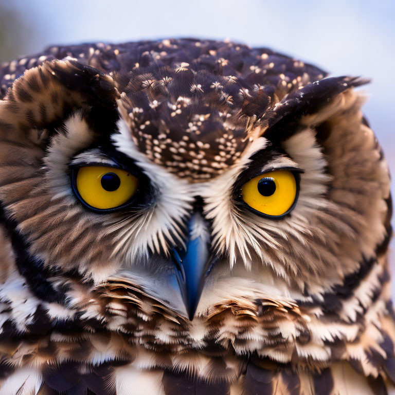 Brown and White Owl with Yellow Eyes and Sharp Beak in Close-up Shot