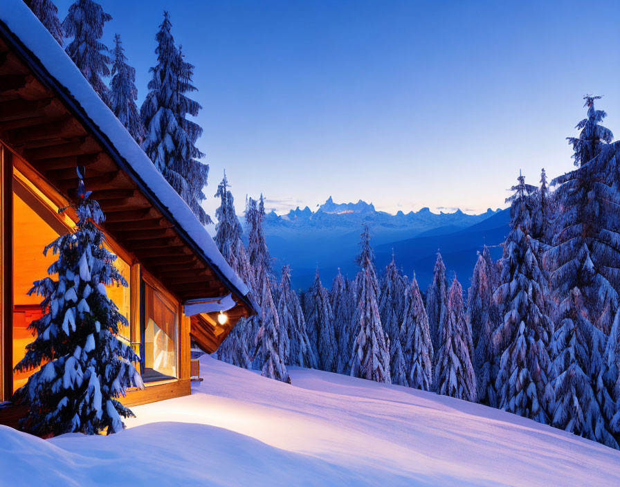 Snow-covered cabin in twilight with mountain backdrop