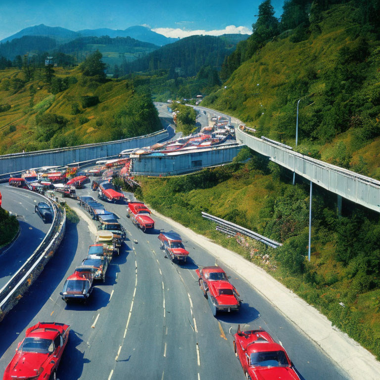 Congested traffic on winding highway in green hills