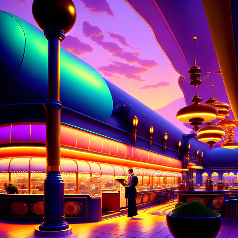 Futuristic diner illustration with purple and orange sky and lone person by entrance