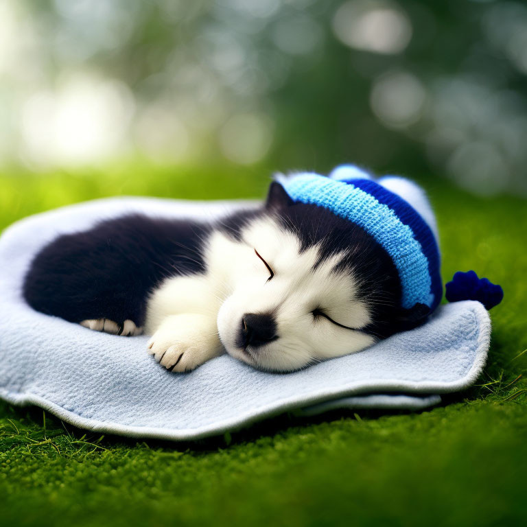 Sleeping puppy in blue beanie on white blanket outdoors