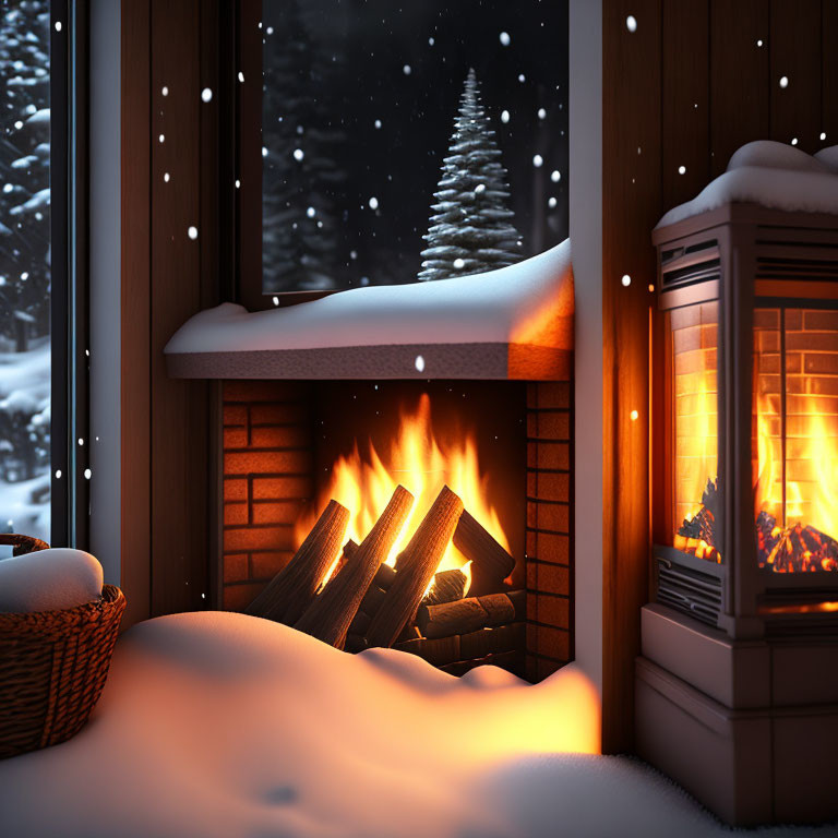 Winter night with fireplace, snowy landscape, and pine trees through window