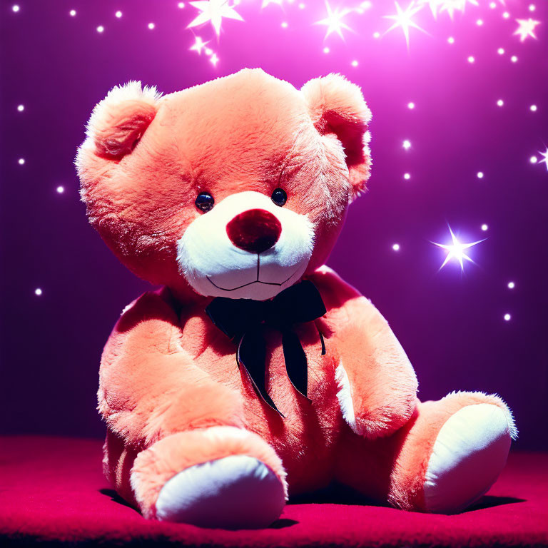 Red Teddy Bear with Black Bow Tie on Starry Purple Background