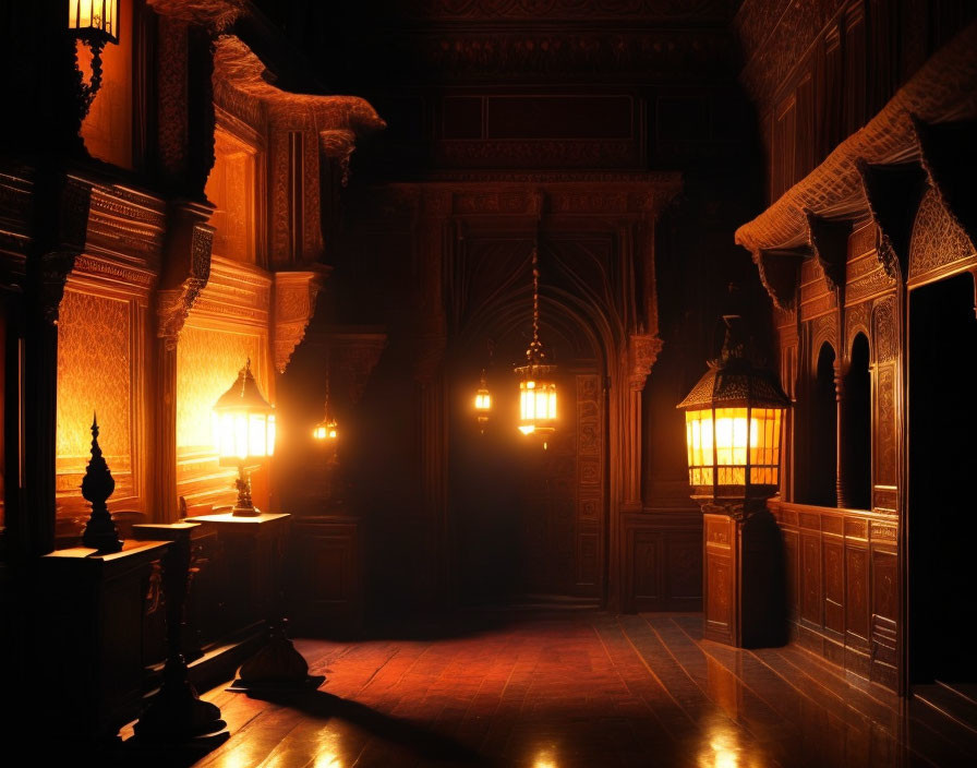 Victorian corridor with ornate woodwork and glowing lanterns.