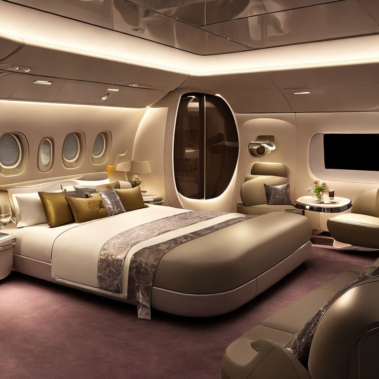 Luxurious Private Jet Interior with Comfortable Bed and Elegant Decor