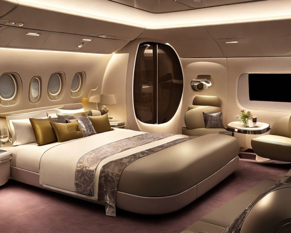 Luxurious Private Jet Interior with Comfortable Bed and Elegant Decor