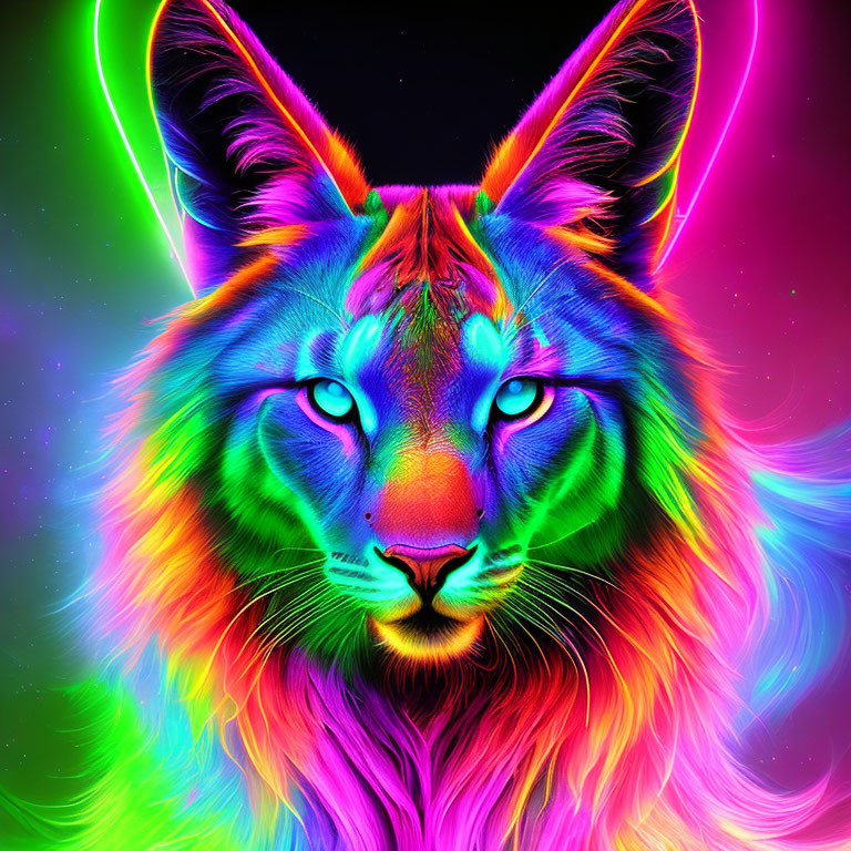 Colorful neon lion digital artwork on dark background