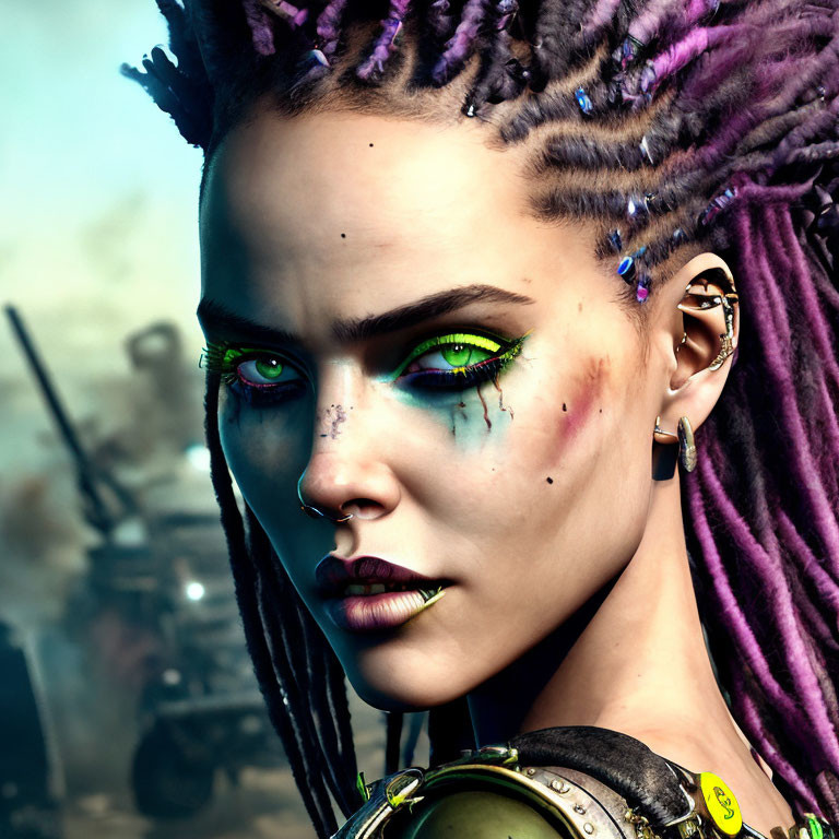 Woman with vibrant purple dreadlocks and green eyes with makeup and ear piercings.