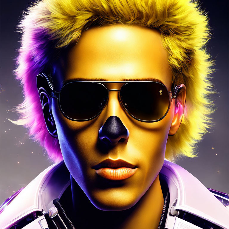 Portrait of a person with golden-yellow hair and sunglasses on dark starry background