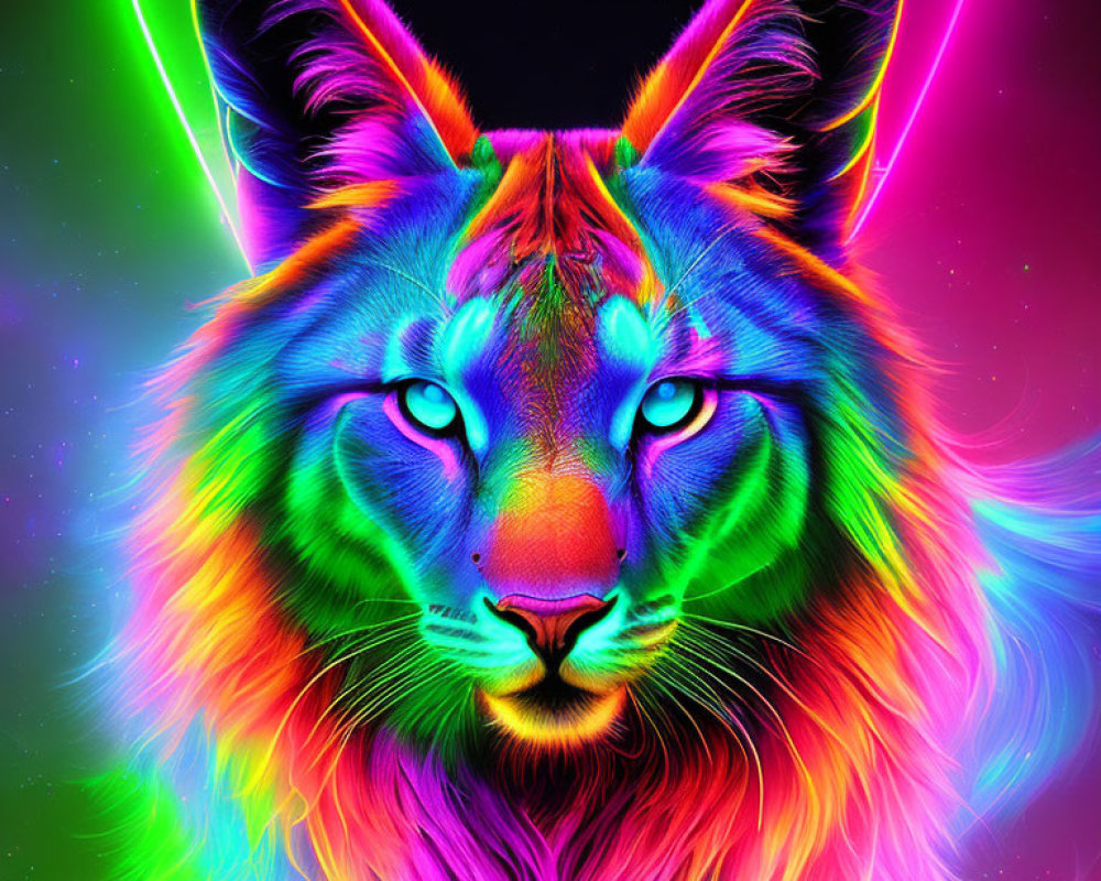 Colorful neon lion digital artwork on dark background