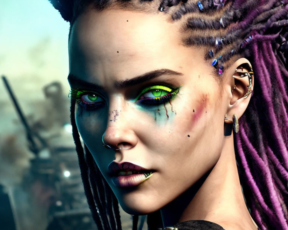 Woman with vibrant purple dreadlocks and green eyes with makeup and ear piercings.