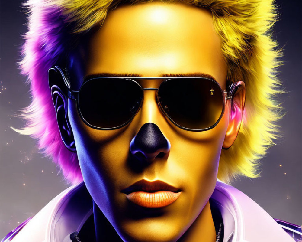 Portrait of a person with golden-yellow hair and sunglasses on dark starry background