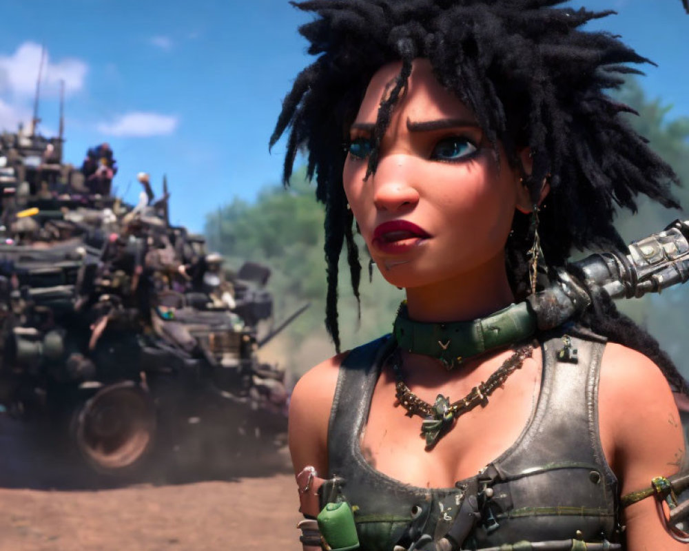 Female character with black spiky hair in post-apocalyptic attire and vehicles in background.