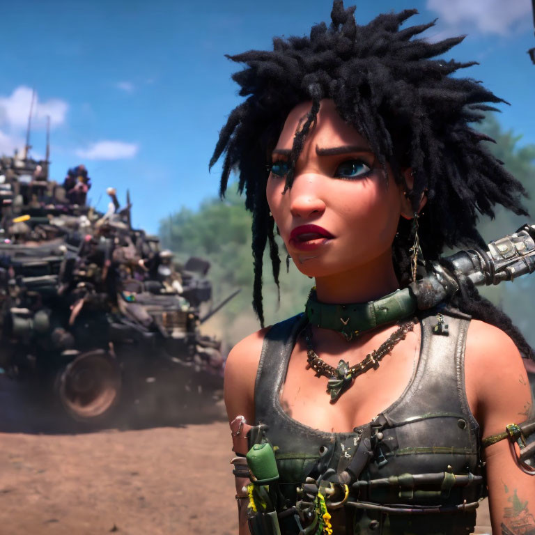 Female character with black spiky hair in post-apocalyptic attire and vehicles in background.