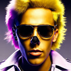 Portrait of a person with golden-yellow hair and sunglasses on dark starry background