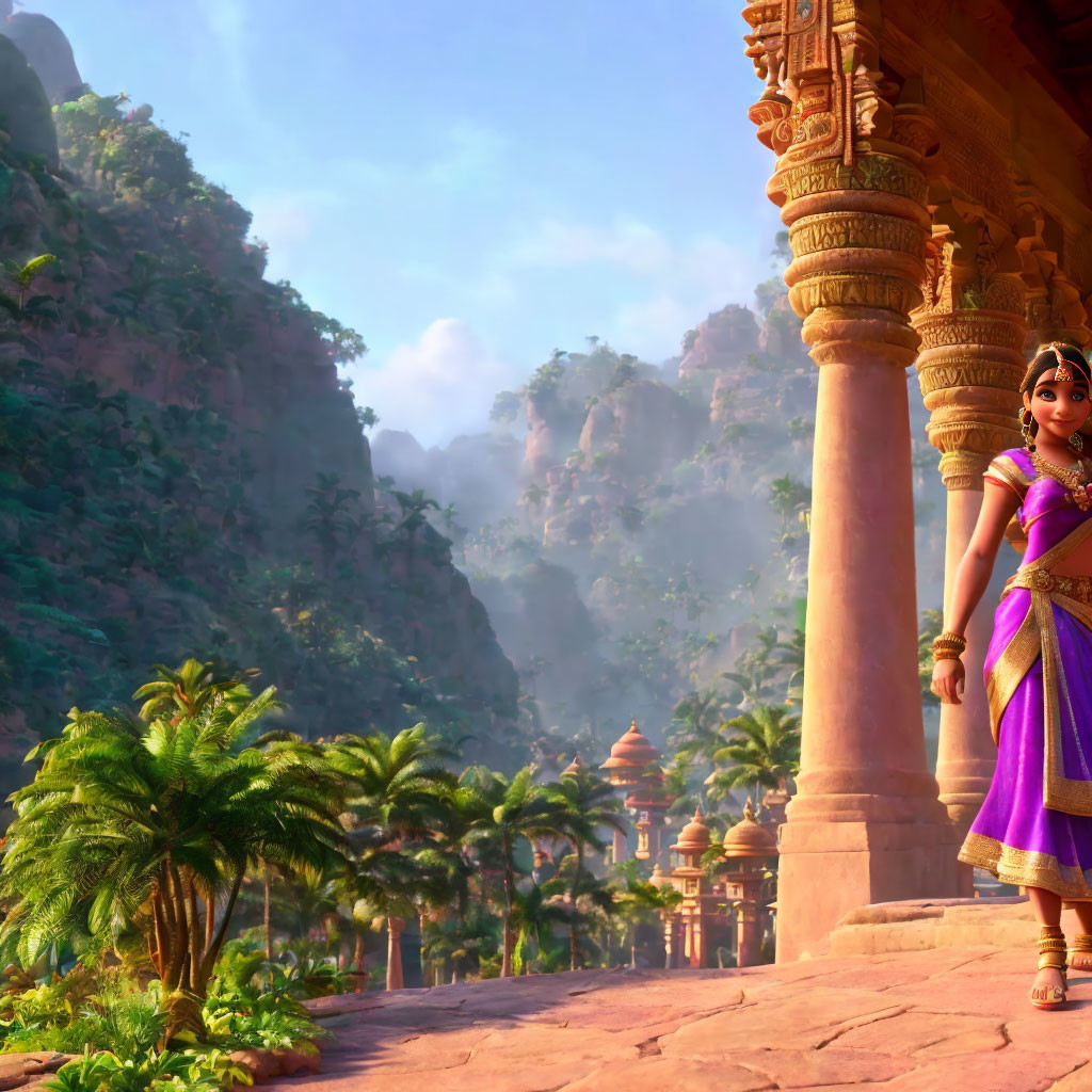 Traditional Indian Attire: Animated Girl on Palace Veranda overlooking Lush Landscape