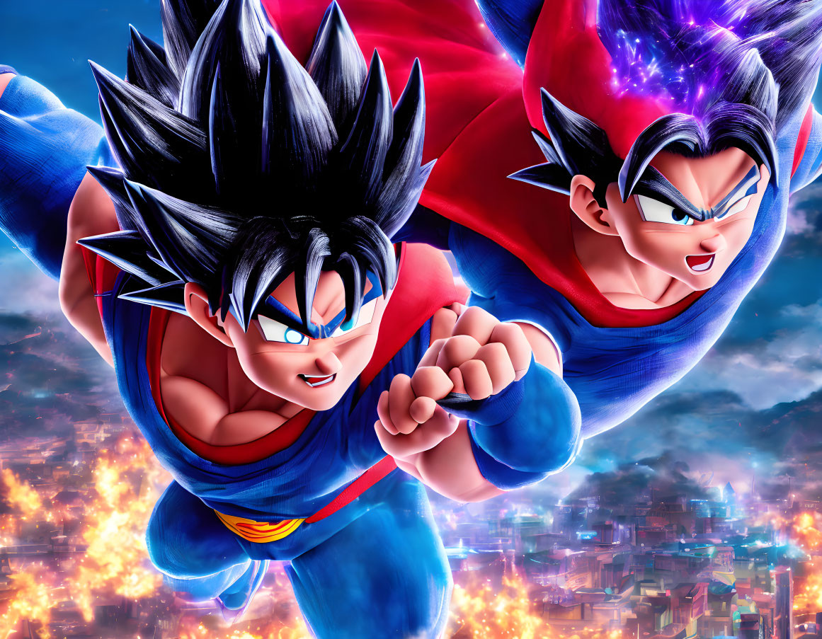 Two determined animated characters with spiky hair in fighting stances against fiery backdrop.