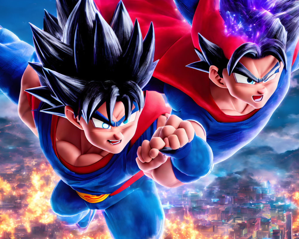 Two determined animated characters with spiky hair in fighting stances against fiery backdrop.