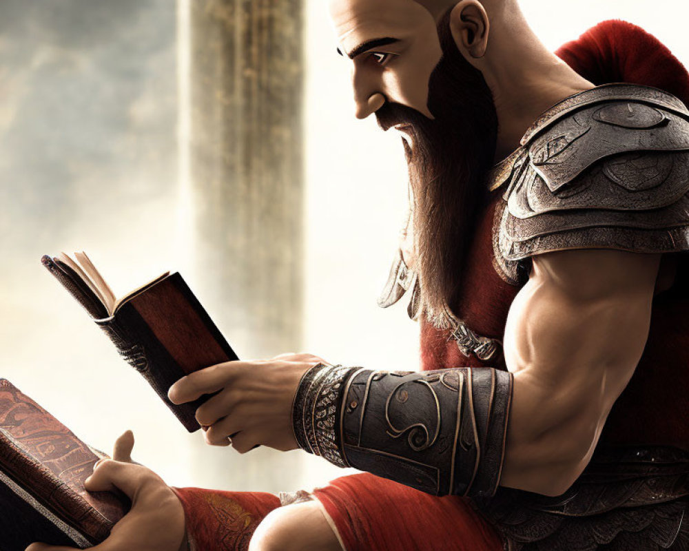 Muscular bearded man in ancient warrior attire reading a book in sunlight