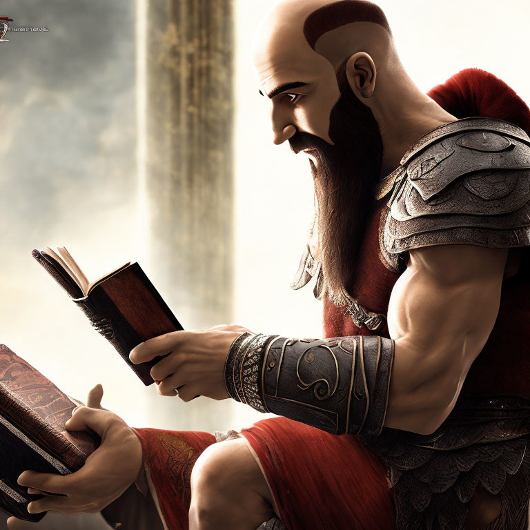 Muscular bearded man in ancient warrior attire reading a book in sunlight