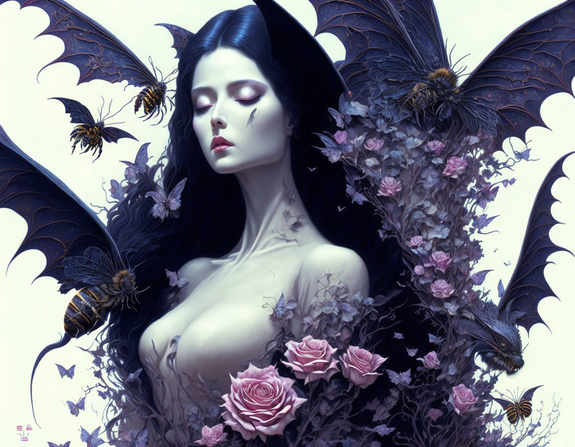 Dark-haired woman with bat wings, bees, and pink roses in a gothic-romantic setting