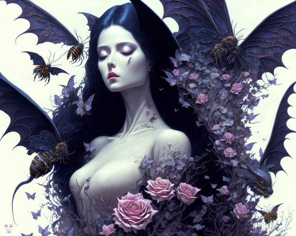 Dark-haired woman with bat wings, bees, and pink roses in a gothic-romantic setting