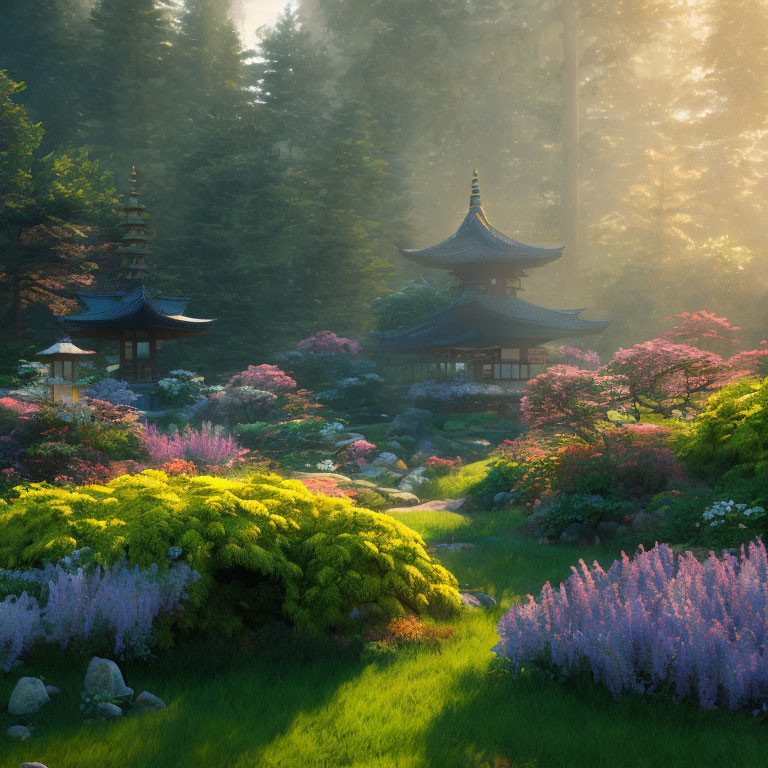 Tranquil Japanese Garden with Pagodas and Vibrant Flowers