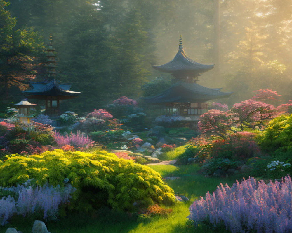 Tranquil Japanese Garden with Pagodas and Vibrant Flowers