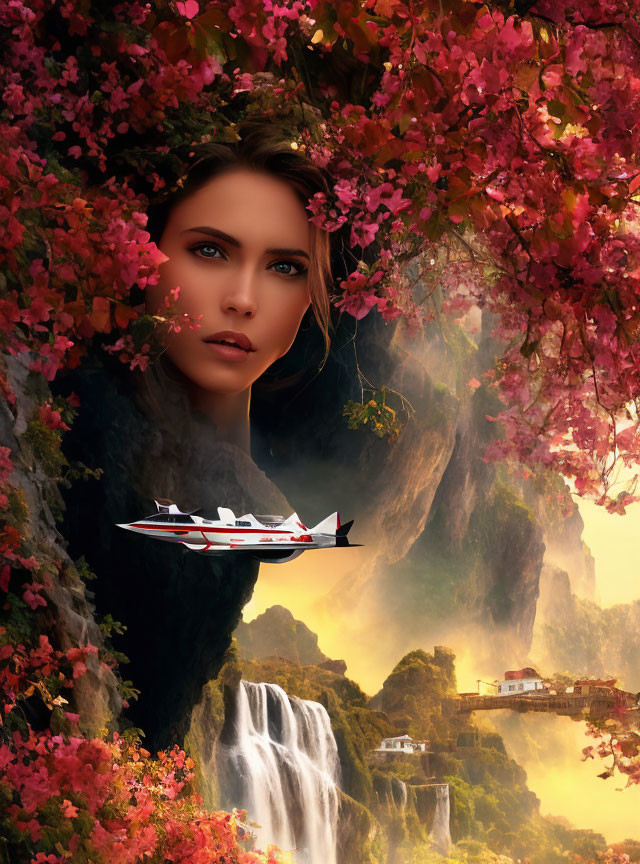 Surreal image of woman's face merged with lush landscape