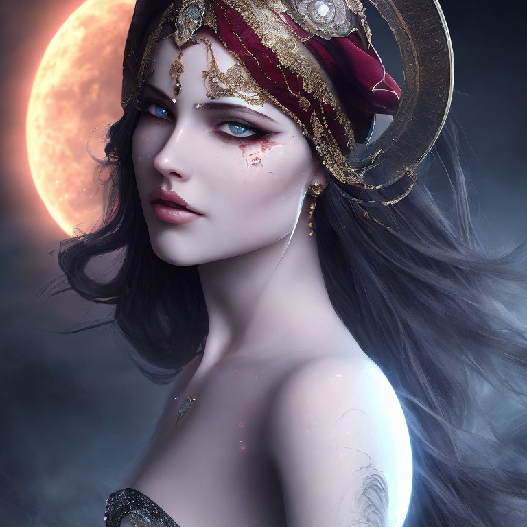 Digital artwork: Woman with flowing hair, blue eyes, in red & gold headdress under moonlit