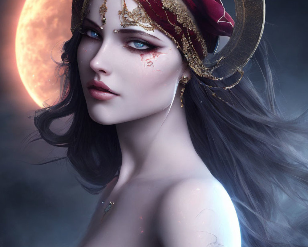 Digital artwork: Woman with flowing hair, blue eyes, in red & gold headdress under moonlit