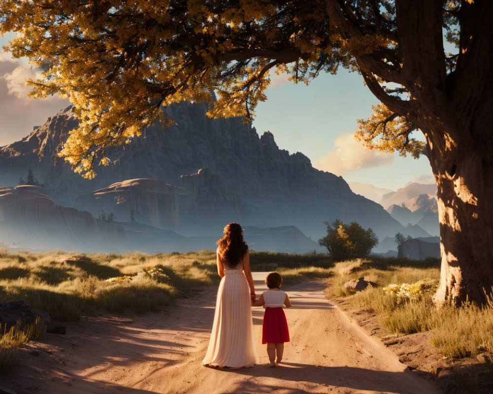 Woman and child walking on dirt path with mountains at sunset