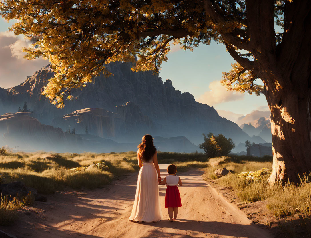 Woman and child walking on dirt path with mountains at sunset