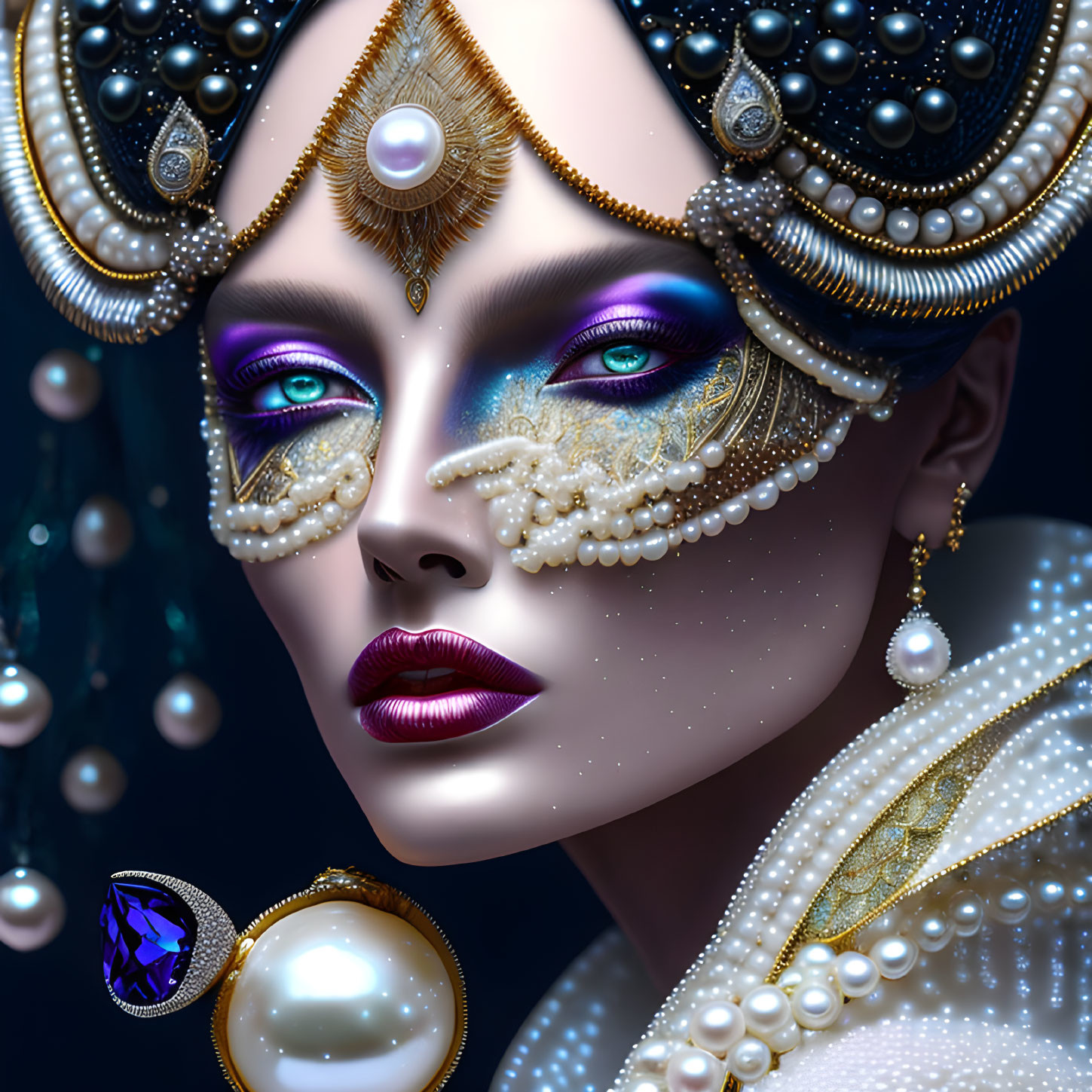 Intricate Pearl Jewelry and Vibrant Makeup Artwork