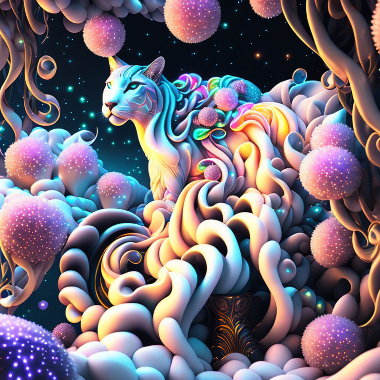 Colorful digital artwork: fantastical cat in neon cosmic landscape