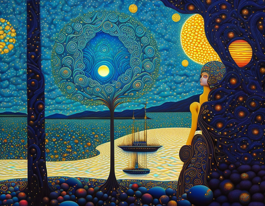 Stylized painting of woman by sea with glowing tree and swirling patterns