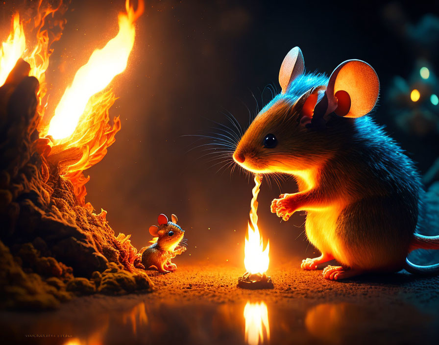 Tiny mouse mesmerized by larger one lighting match in dark scene